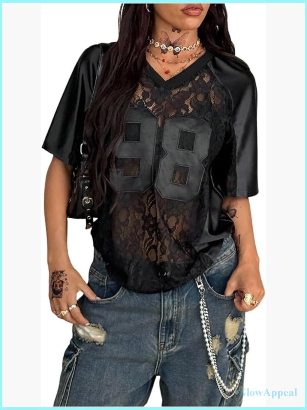 Lace Jersey Number Graphic Sheer Mesh Short Sleeve V Neck Oversized T Shirt